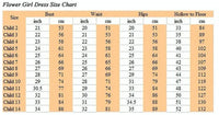 Flower girl dress size chart showing measurements in inches and centimeters for bust waist hips and hollow to floor for sizes child 2 to child 14