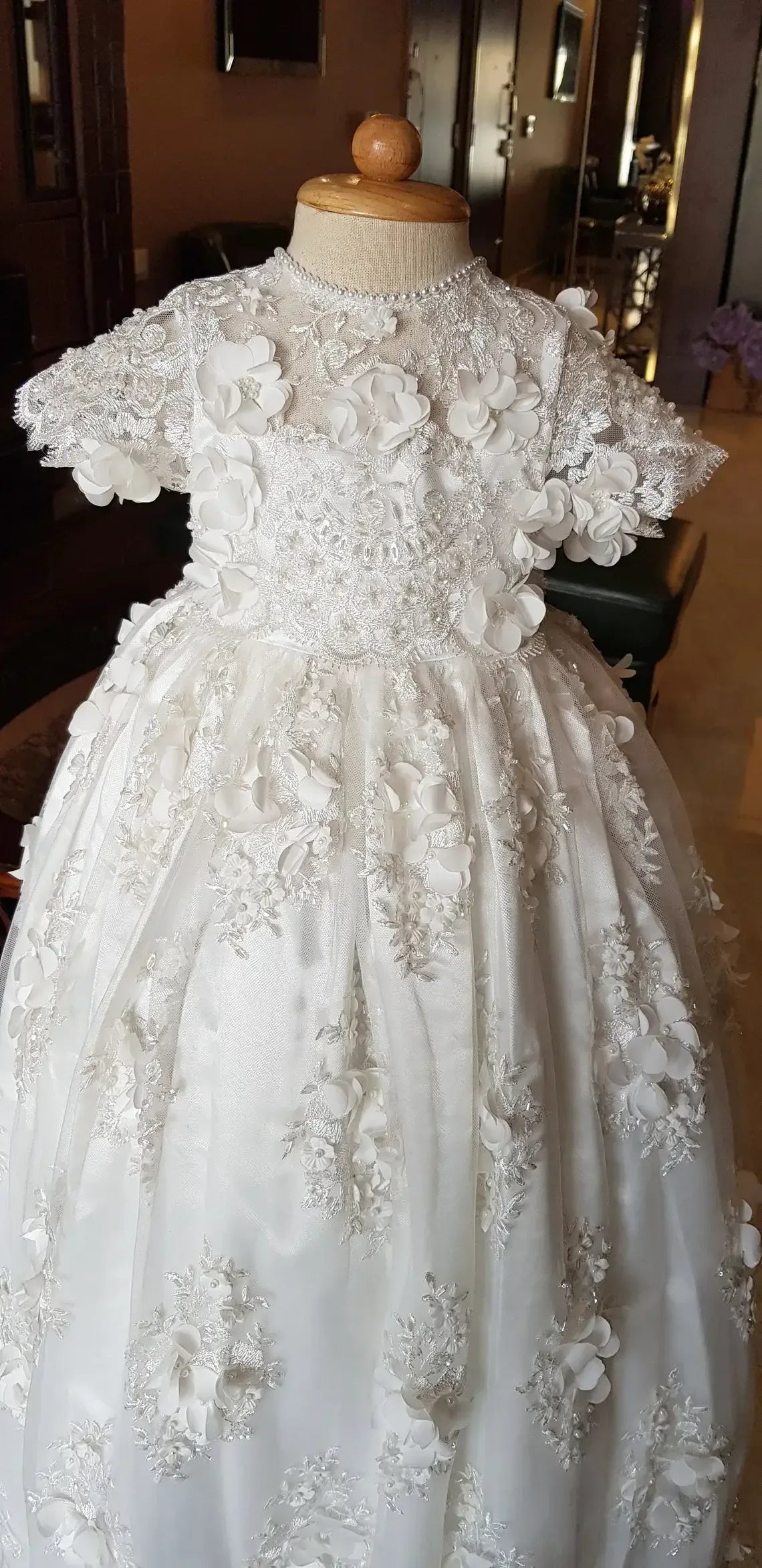 White lace baptism gown for babies with floral embroidery and short sleeves