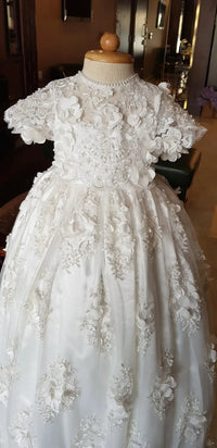 White lace baptism gown for babies with floral embroidery and short sleeves