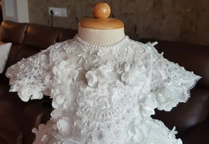 White lace baptism gown for babies with 3D floral appliques and pearl neckline detail