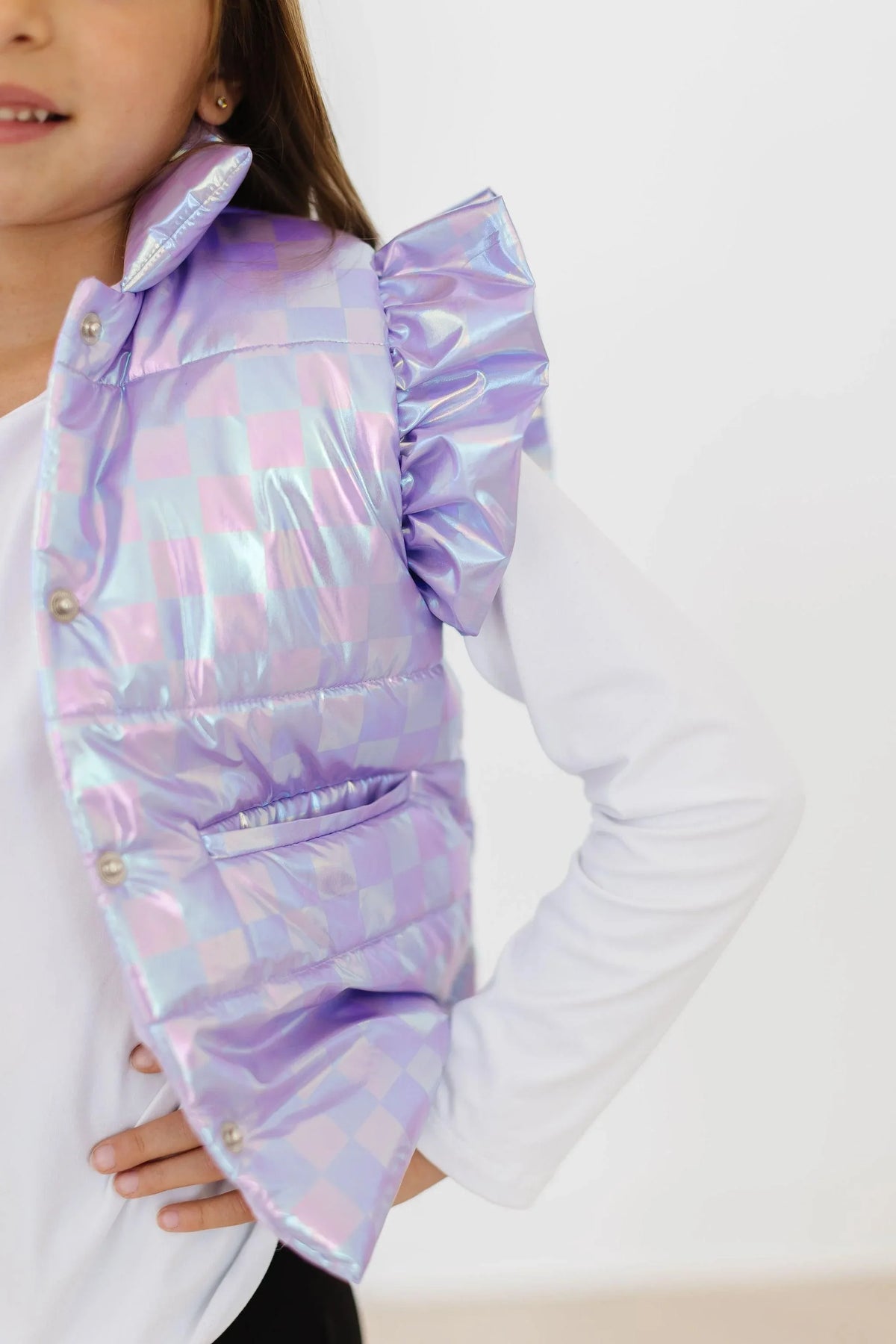 Lavender checker puffer vest for girls by Mila & Rose with ruffled shoulder detail in small size