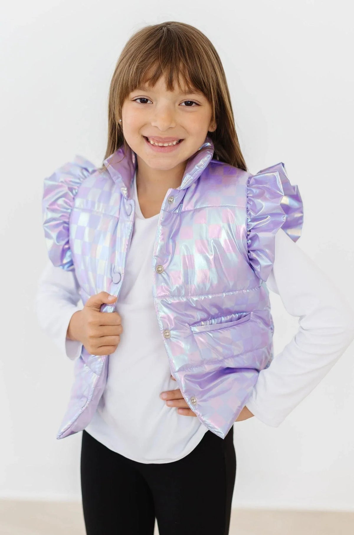 Lavender checker puffer vest for girls by Mila & Rose with ruffle sleeves, perfect for kids
