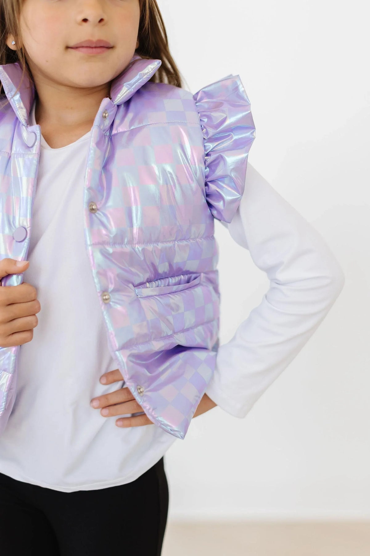 Lavender checker puffer vest for girls by Mila & Rose with ruffled shoulder detail perfect for cool weather