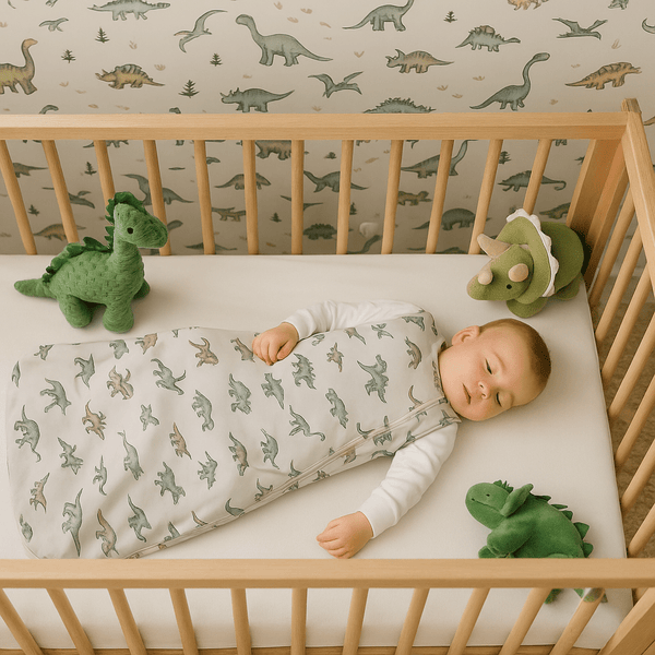 Child sleeping in a crib with dinosaur-themed bedding and toys.