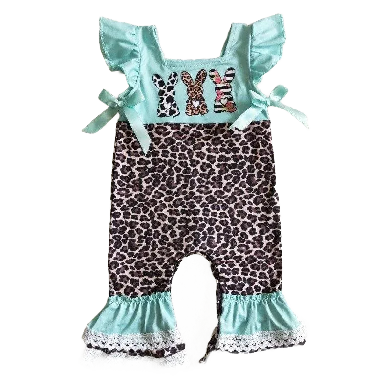 Leopard bunny baby romper in mint green and leopard print with ruffle sleeves and lace trim for infants