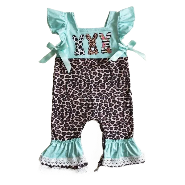 Leopard bunny baby romper in mint green and leopard print with ruffle sleeves and lace trim for infants