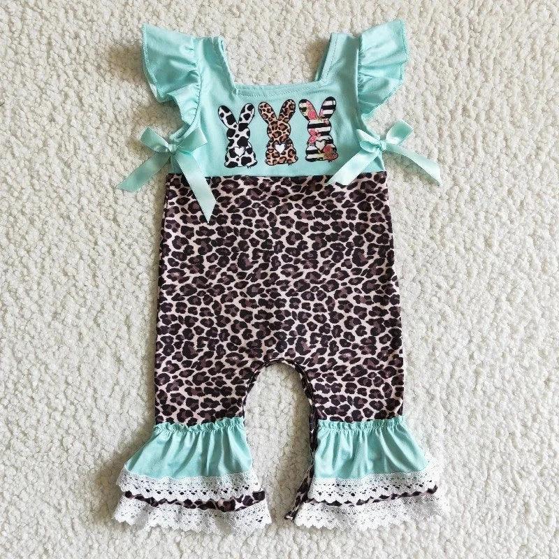 Leopard bunny baby romper with turquoise ruffle sleeves and hem for infants