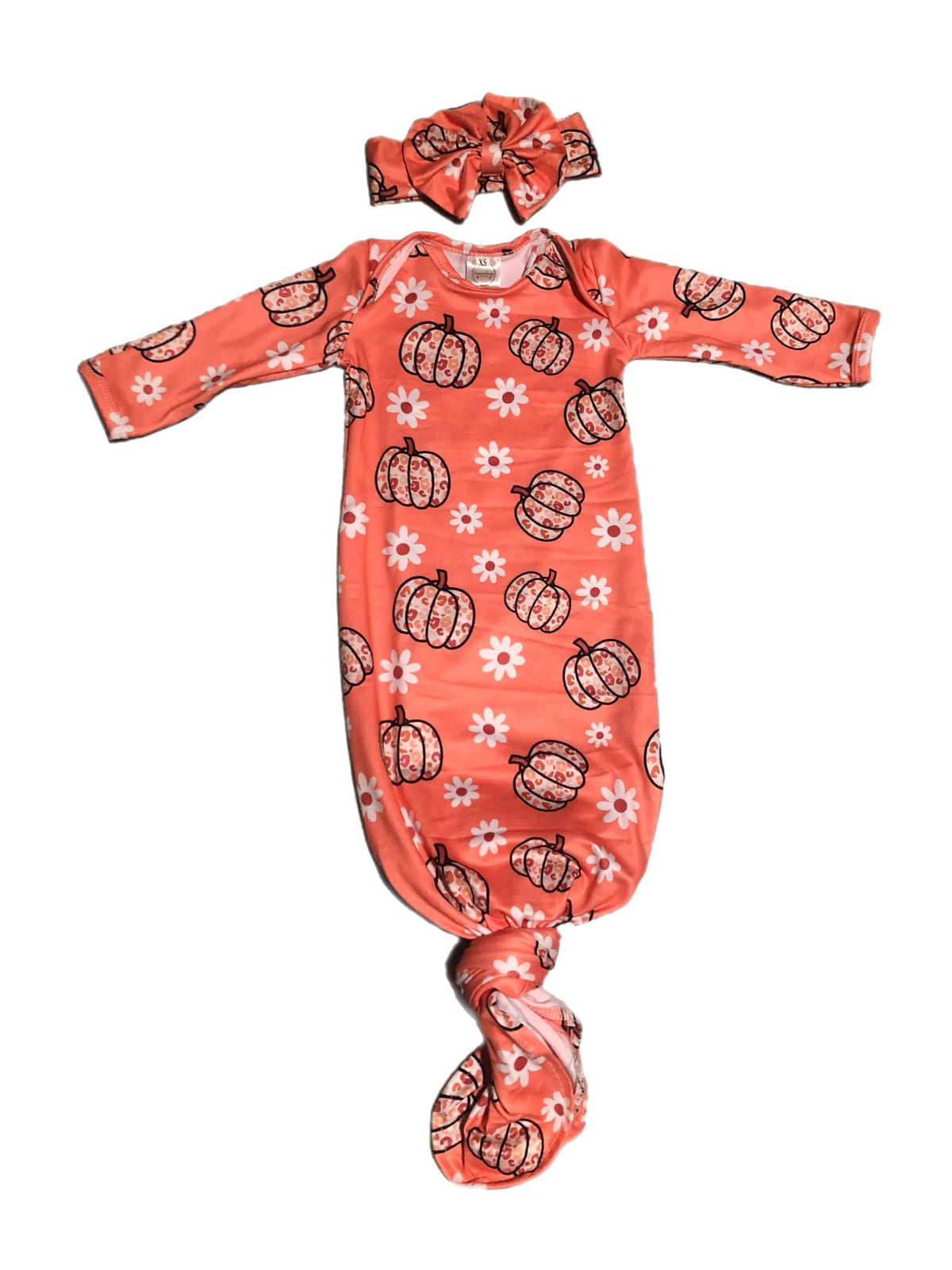 Coral cotton leopard pumpkin baby gown with matching headband featuring pumpkin and flower print