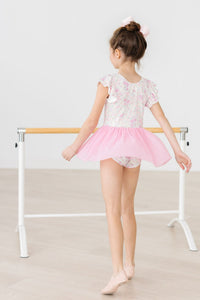 Girls white and pink floral twirl leotard leotard with short sleeves and pink mesh skirt