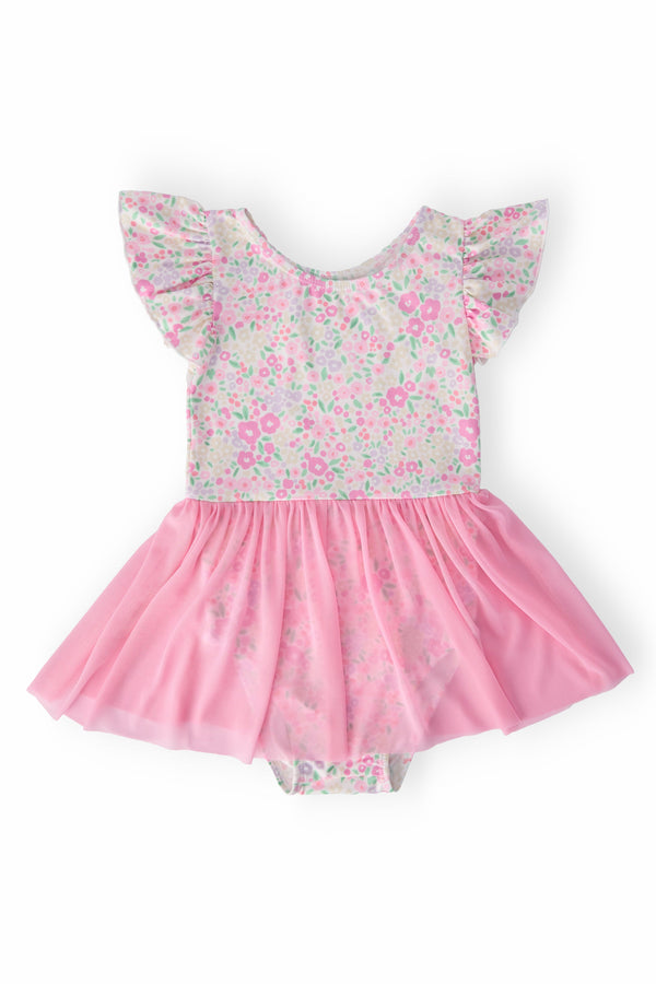 Toddler girls floral leotard leotard with flutter sleeves and pink mesh skirt from Mila & Rose