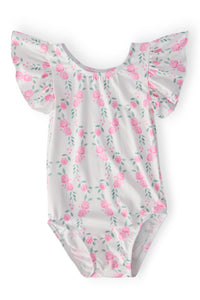 Girls white flutter leotard leotard with pink rose print and short flutter sleeves