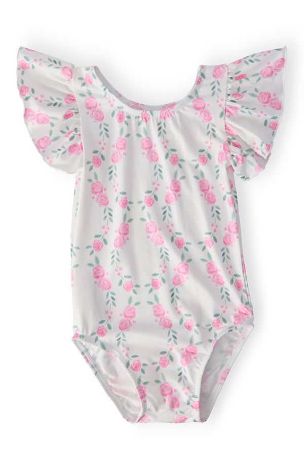 Girls white flutter leotard leotard with pink rose print and short flutter sleeves