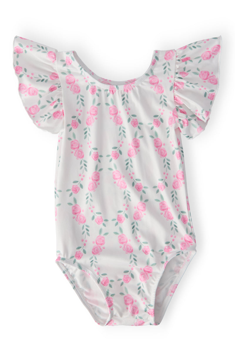 Girls white flutter leotard leotard with pink rose print and short flutter sleeves