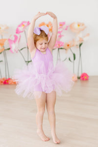 Girls lavender leotard tutu tank with fluffy tulle skirt and matching bow for toddlers