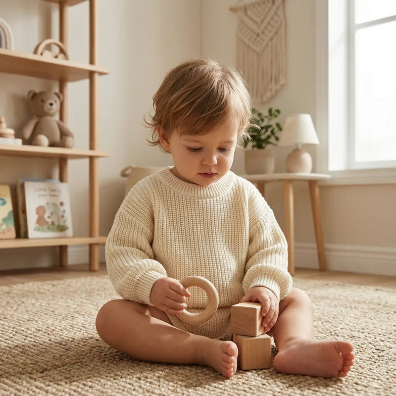 Toddler wearing cream cotton crewneck sweater playing with wooden blocks on textured rug in bright room