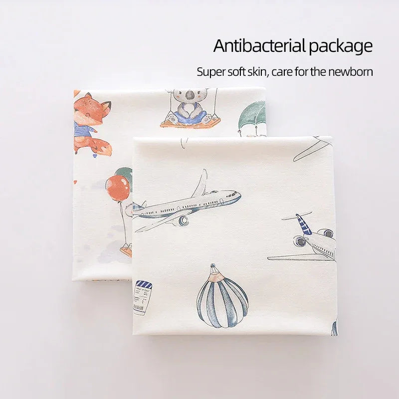 Lightweight cotton baby swaddle blanket set with airplane and animal prints for newborns