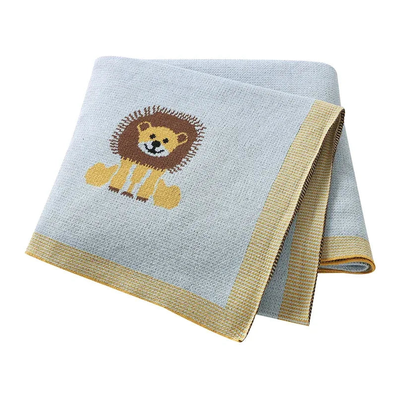 Light blue lion baby blanket cotton with yellow border and lion design for infants and toddlers