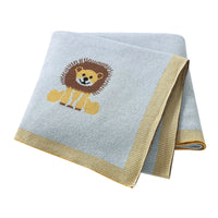 Light blue lion baby blanket cotton with yellow border and lion design for infants and toddlers