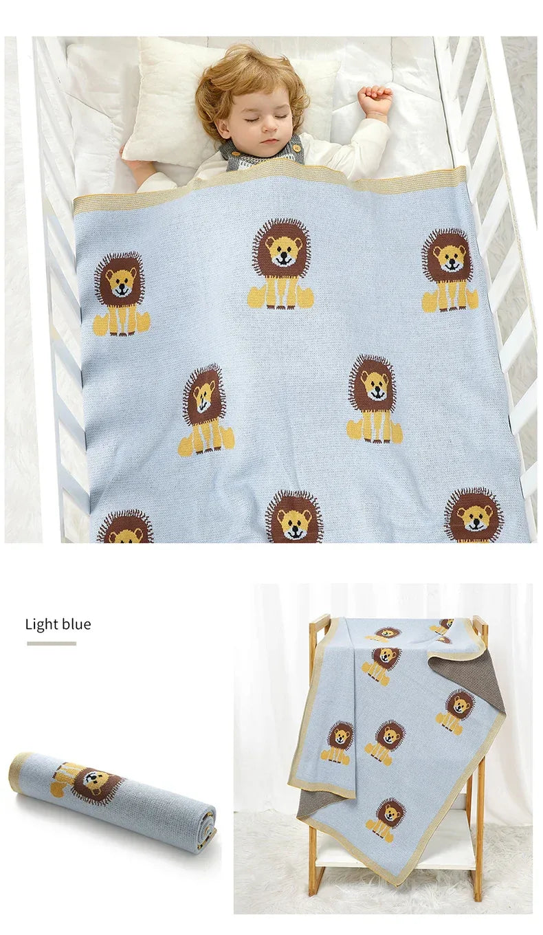 Light blue lion baby blanket cotton for infants featuring cute yellow lion prints and soft fabric