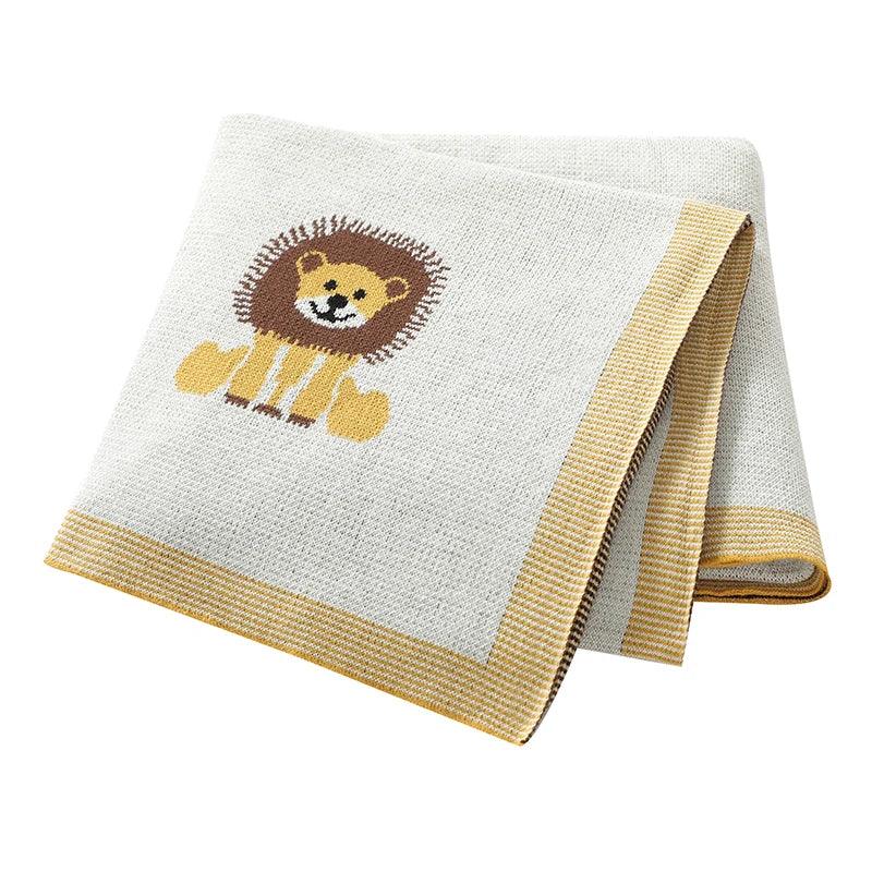 Cream and yellow lion baby blanket cotton for infants with cute lion design and striped border