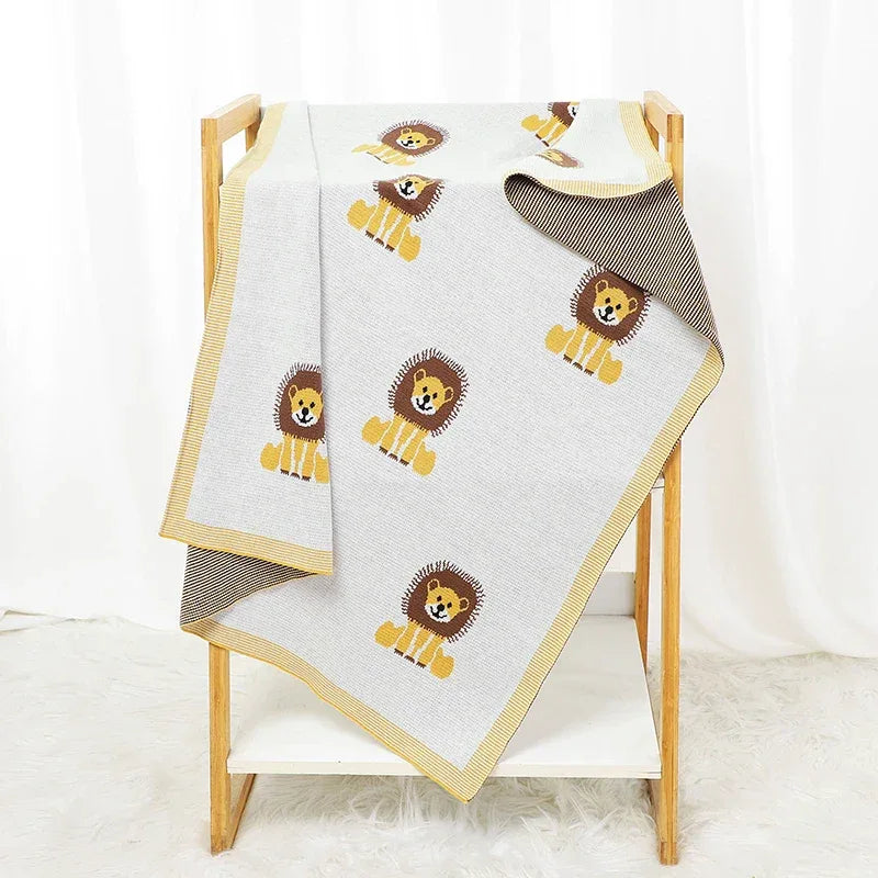Gray and yellow lion baby blanket cotton with lion print for infants and toddlers