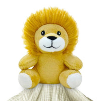 Me Lovey lion security blanket for babies in soft yellow plush fabric with textured cream cotton blanket