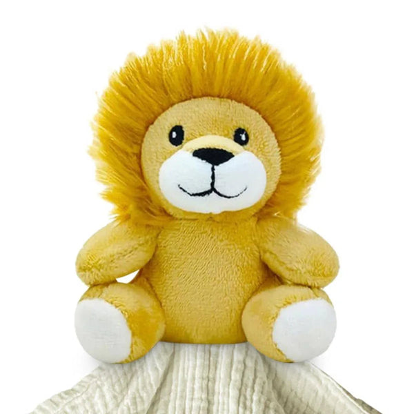 Me Lovey lion security blanket for babies in soft yellow plush fabric with textured cream cotton blanket