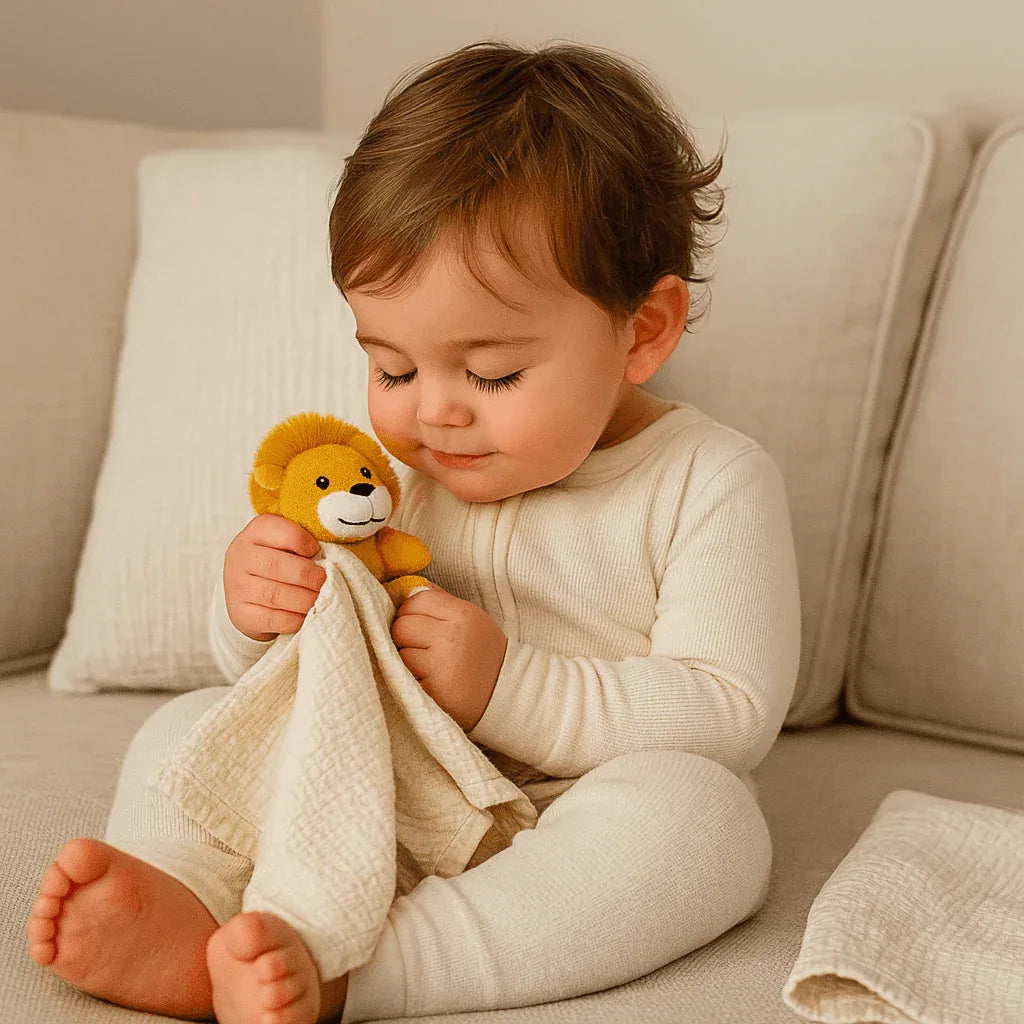 Baby holding beige cotton lion security blanket for babies by Me Lovey with soft lion plush