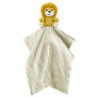 Me Lovey lion security blanket for babies with yellow plush lion and beige cotton muslin fabric