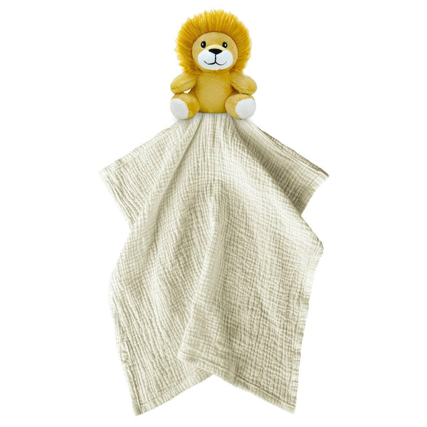 Me Lovey lion security blanket for babies with yellow plush lion and beige cotton muslin fabric
