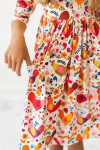 Little red hen girls dress twirl pocket dress 3/4 sleeve colorful floral and bird print