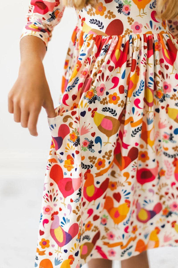 Little red hen girls dress twirl pocket dress 3/4 sleeve colorful floral and bird print
