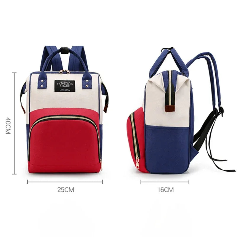 Red blue and white multifunctional insulated diaper bag for babies and kids shown from front and side