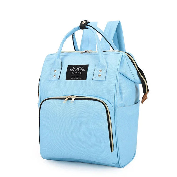 Light blue multifunctional insulated diaper bag for babies and kids with multiple pockets and backpack straps