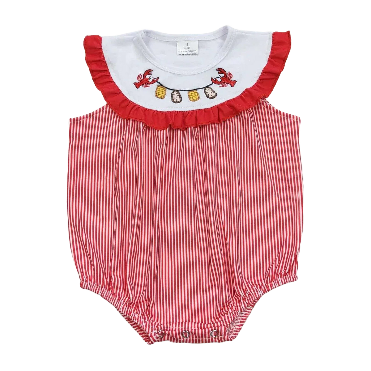Red and white striped lobster baby romper with white ruffled collar and lobster embroidery for infants
