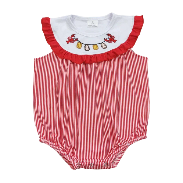 Red and white striped lobster baby romper with white ruffled collar and lobster embroidery for infants