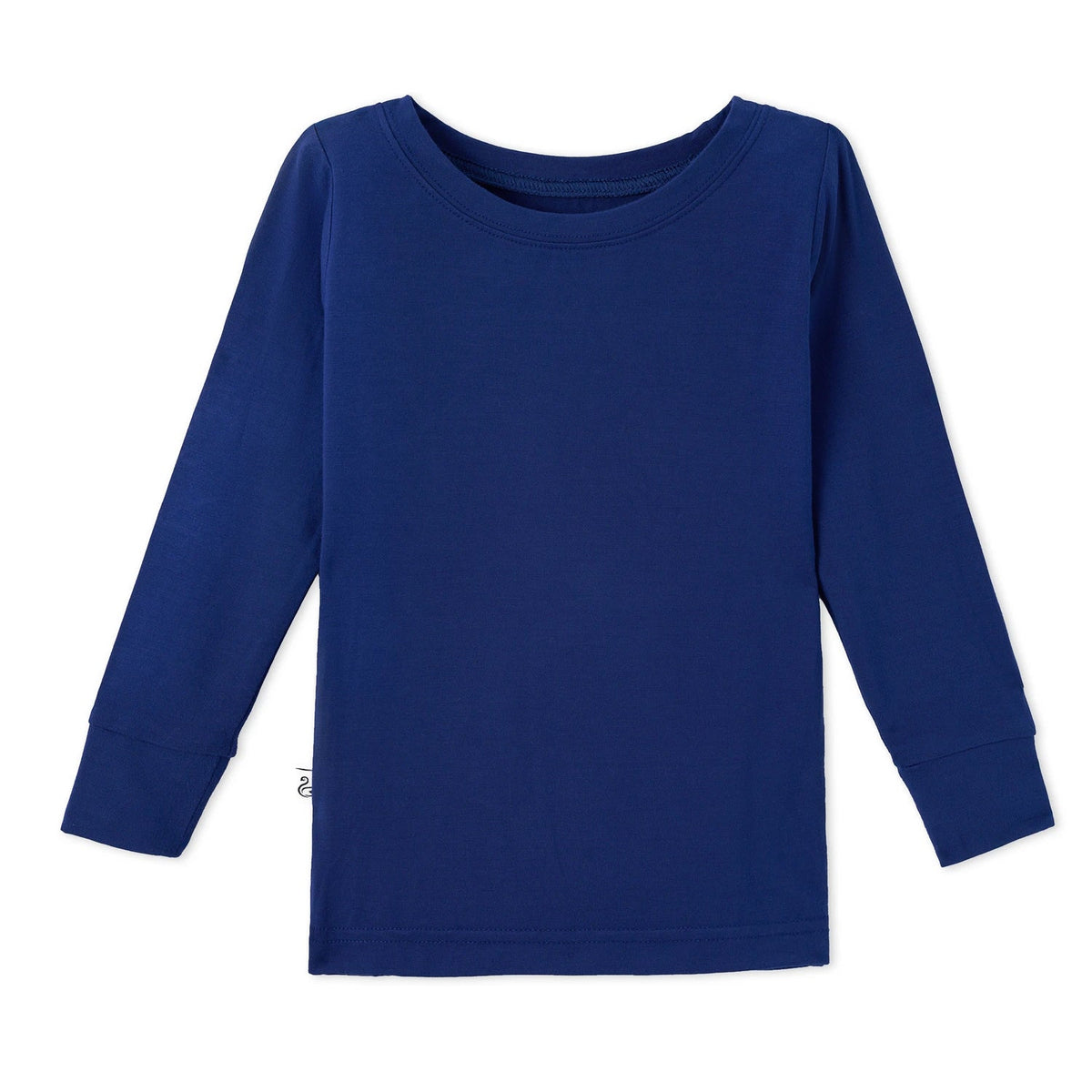 Navy blue long sleeve top with boat neck and small printed tagless logo
