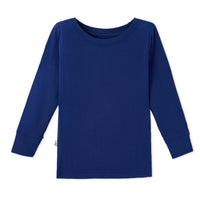 Navy blue long sleeve top with boat neck and small printed tagless logo
