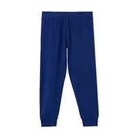 Navy blue pajama pants with elastic waistband and ribbed ankle cuffs