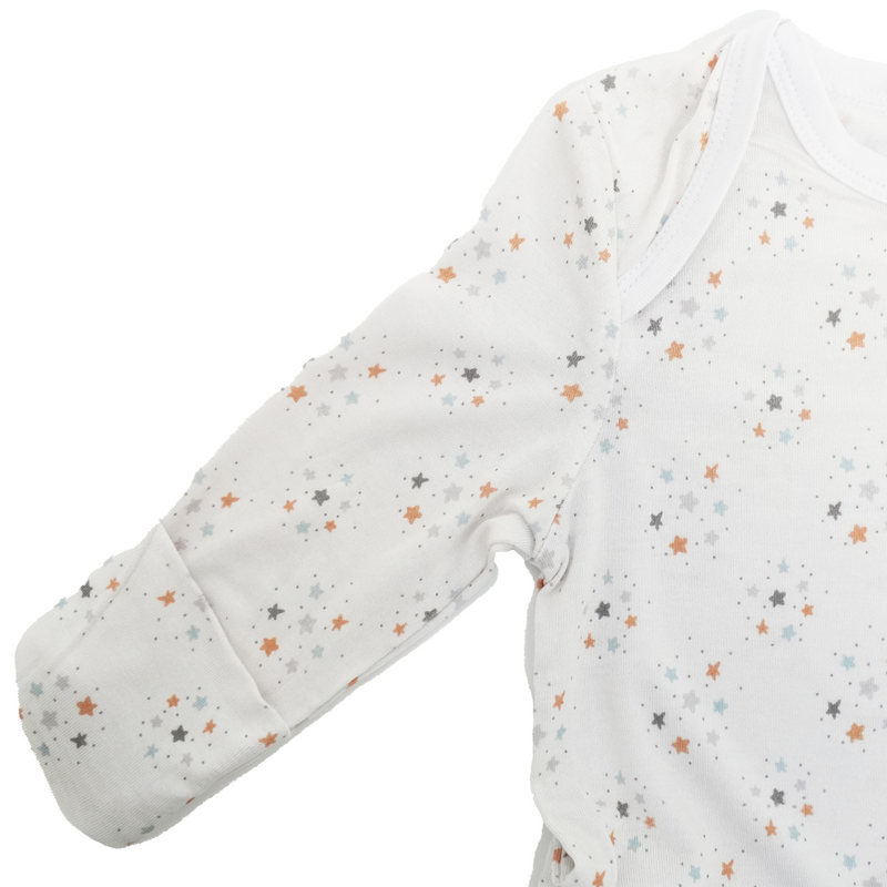 Close-up of the Stars Lunar Knotted Gown's soft fabric and charming lunar star pattern, designed for infants 0-3 months.