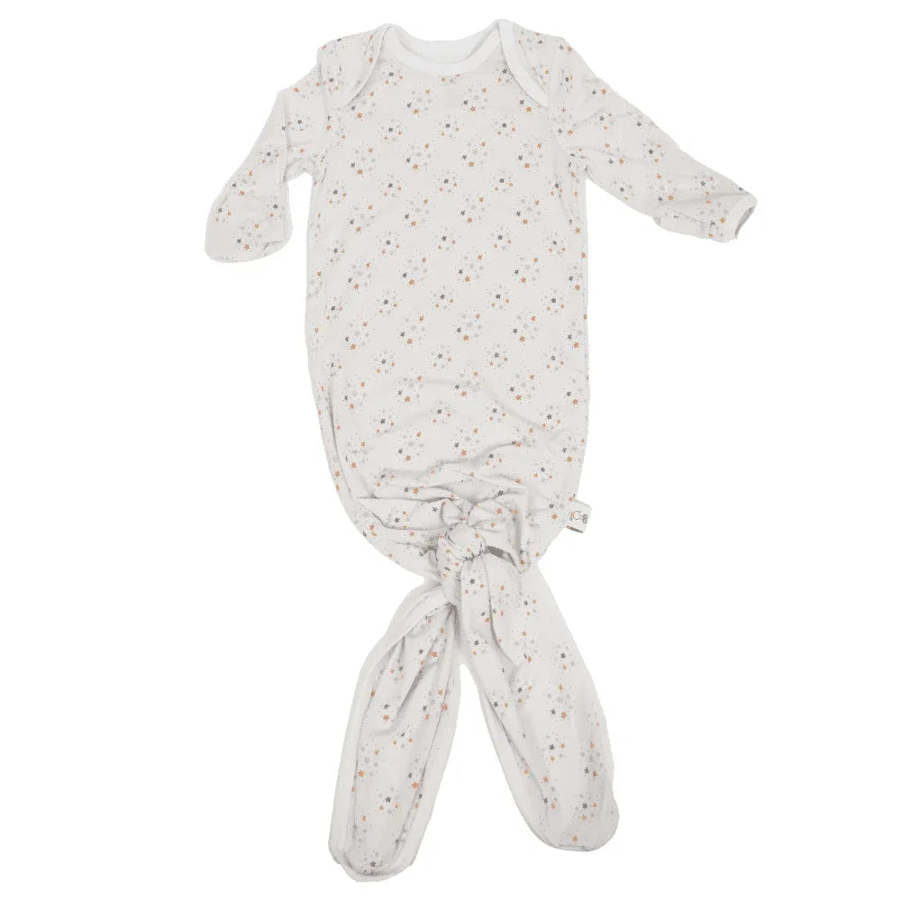 Goosewaddle lunar star knotted baby gown in white with small star print for newborns
