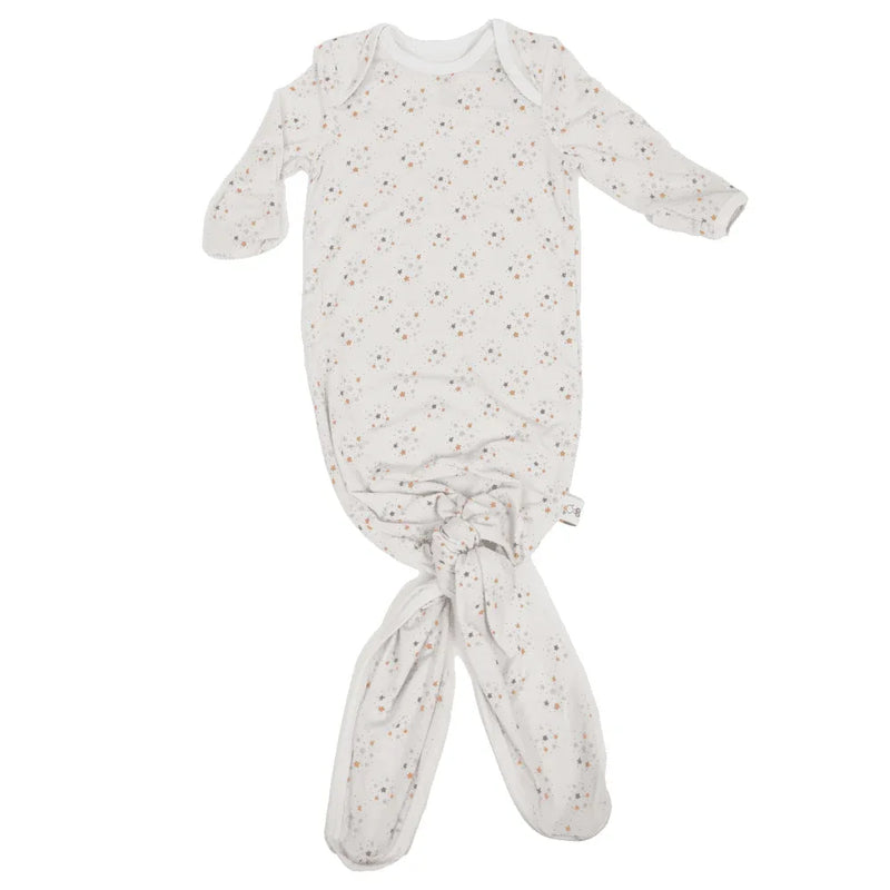 Goosewaddle lunar star knotted baby gown in white with small star print for newborns