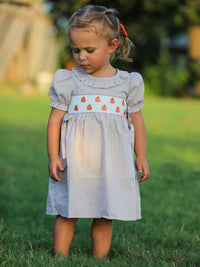 Little girl in a plaid smock dress with pumpkin embroidery across the chest, outdoors on grass.