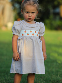 Little girl outdoors in a plaid smock dress with pumpkin embroidery on a light blue smocked waist.