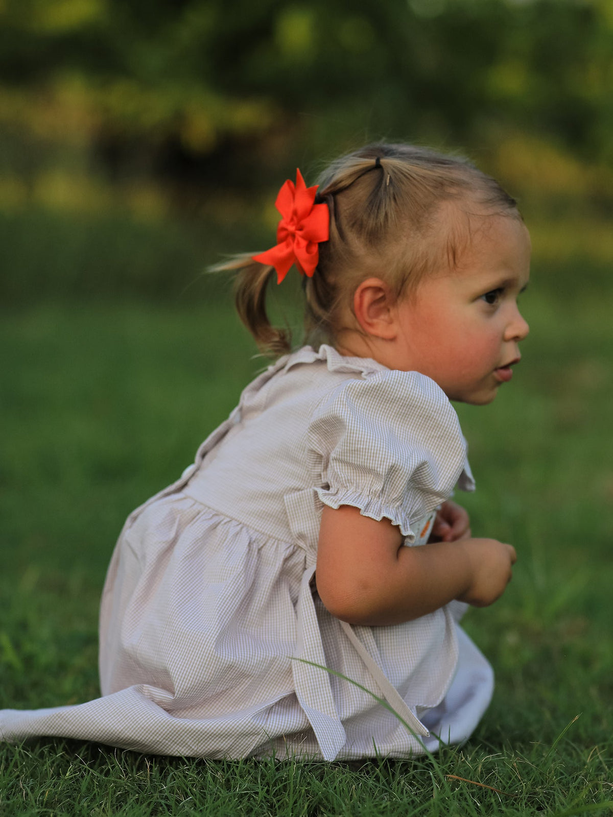 Young girl in a plaid smock dress with orange hair bow, outdoors in grass, fall pumpkin embroidery detail.