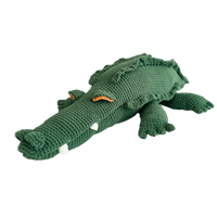 Large green crochet crocodile plush with a long body, toothy face, and detailed ridged back made from organic cotton.