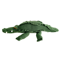 Large green crochet crocodile stuffed animal with a ridged back, toothy face, and organic cotton detail.