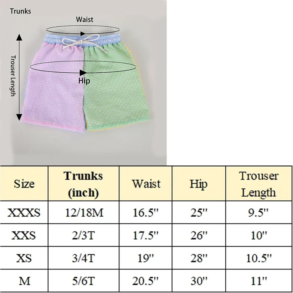 Kids pastel pink and green seersucker trunks with blue waistband and white drawstring, sizes from 12 months to 6 years matching seersucker swimsuits for siblings