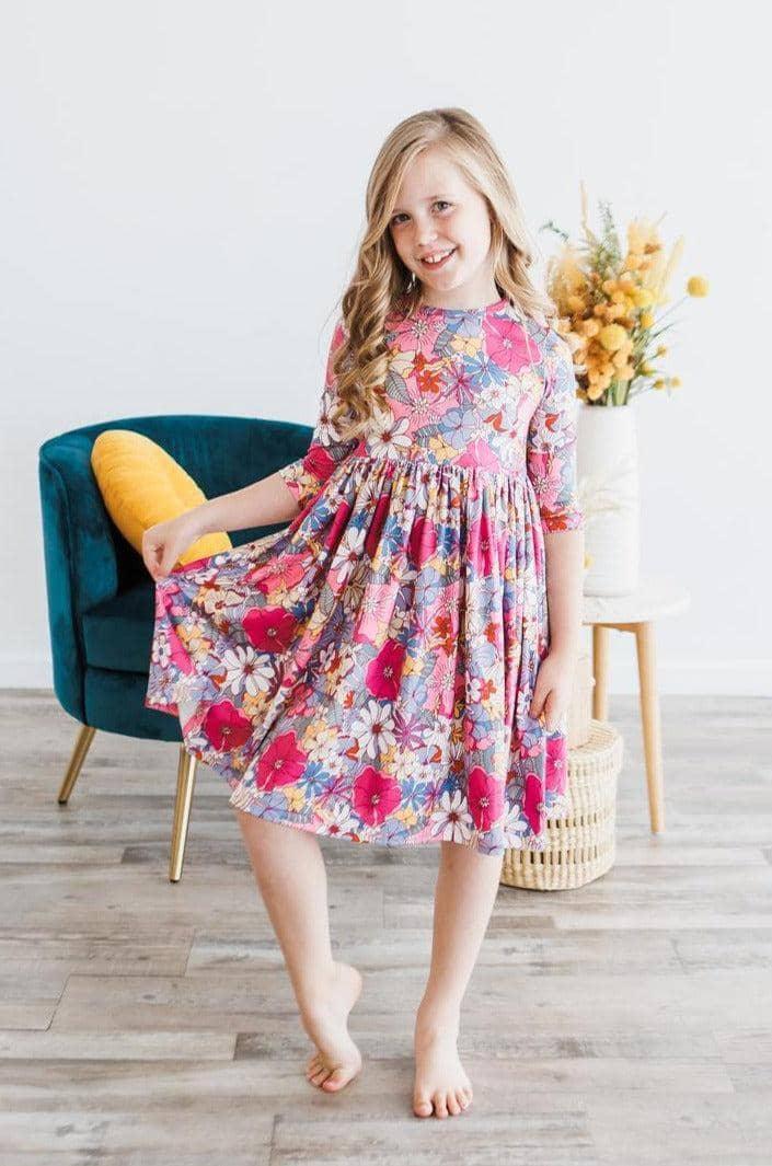 Mila & Rose mauve floral girls twirl dress 3/4 sleeve with pockets for young girls