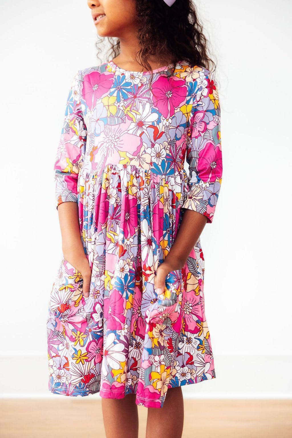 Mila & Rose mauve floral girls twirl dress with 3/4 sleeves and vibrant flower print